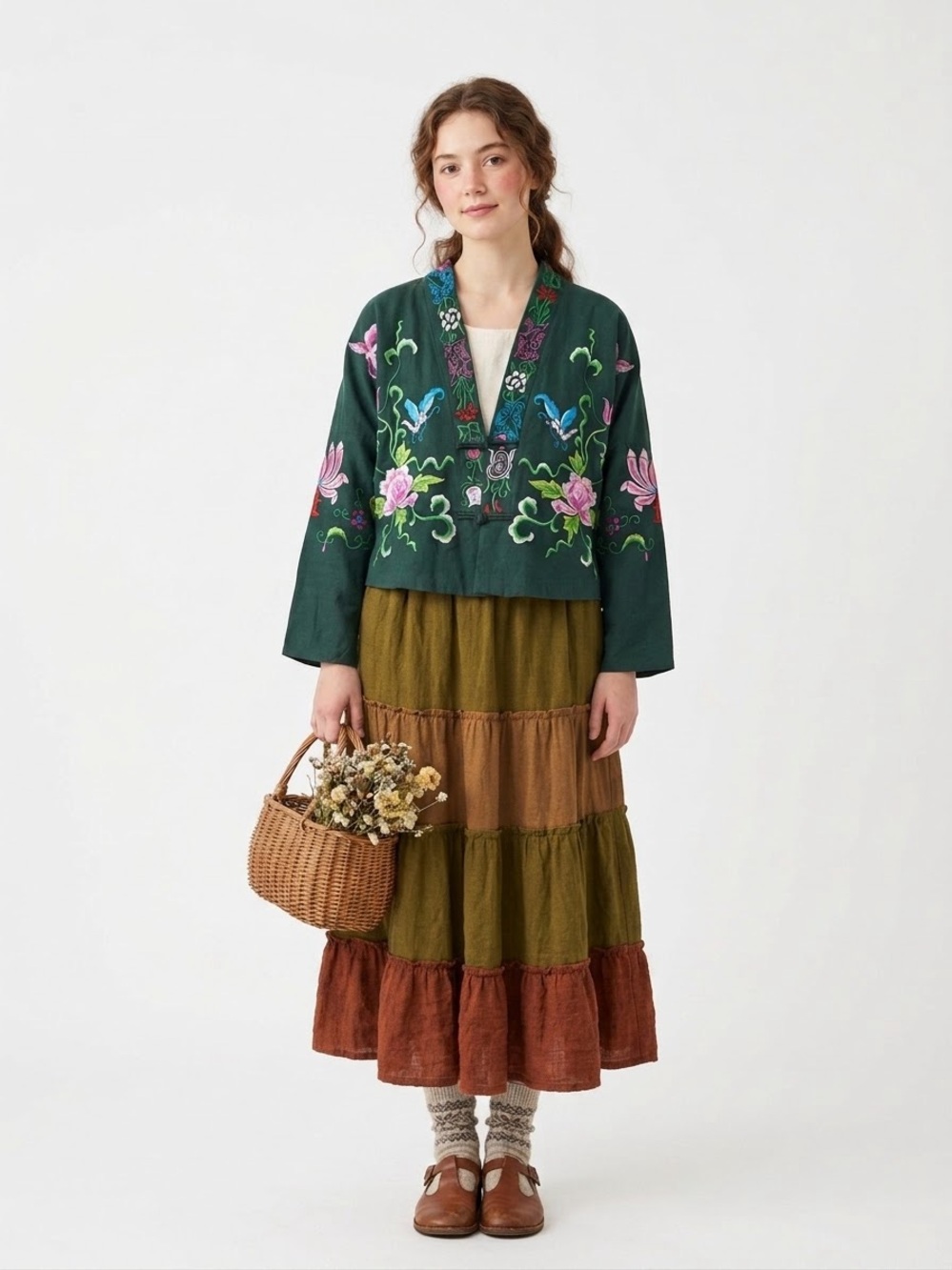 Fairycore Embroidered Cropped Jacket Frog Closure Asian Forestcore Earthy Hobbit